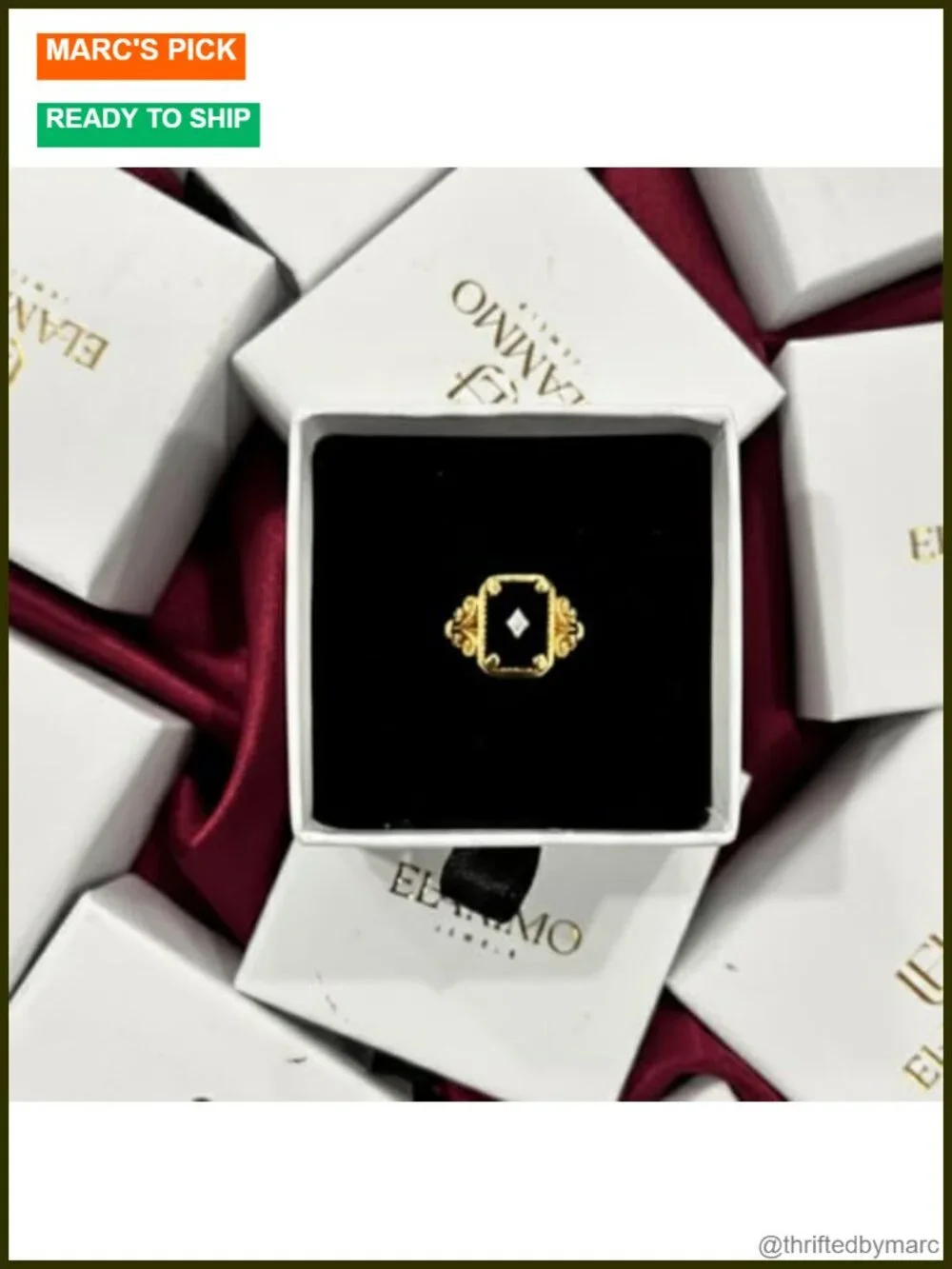Art Deco Black Onyx 925 Sterling Silver Statement Ring for Women Yellow Gold